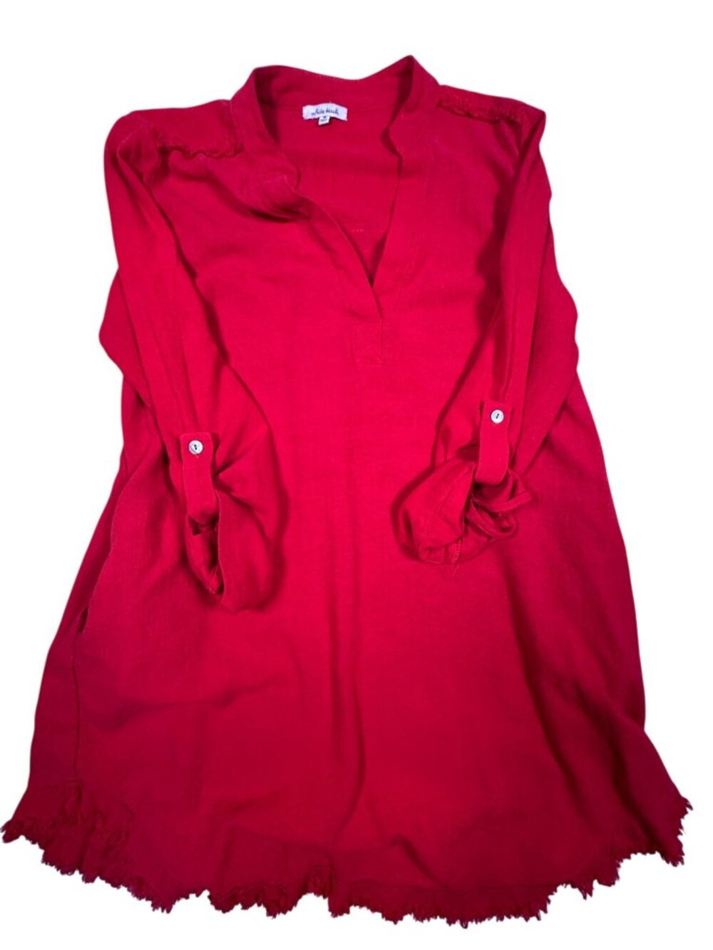 White Birch Womens Frayed Hem Tunic Dress Button Tab Sleeves Red Medium - Picture 2 of 7